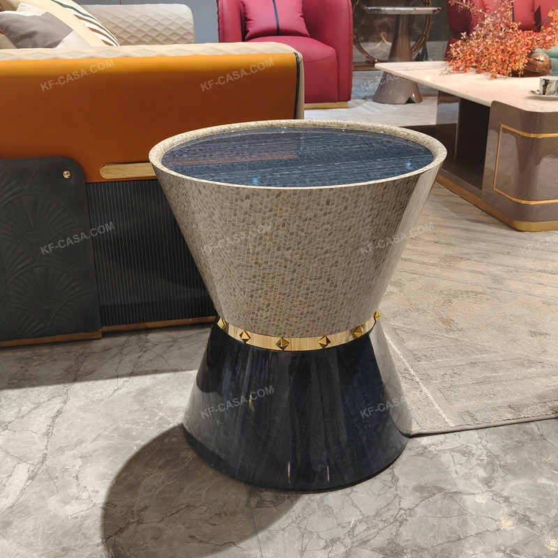 Sculpted Hourglass Sofa Side Table with Dark Stone Top Textured Two-Tone Body and Studded Stainless Steel Band
